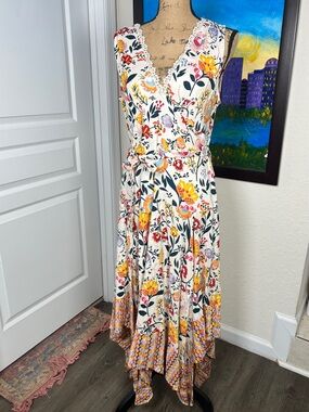 Cream Floral Asymmetrical Maxi Dress with Tie Waist
